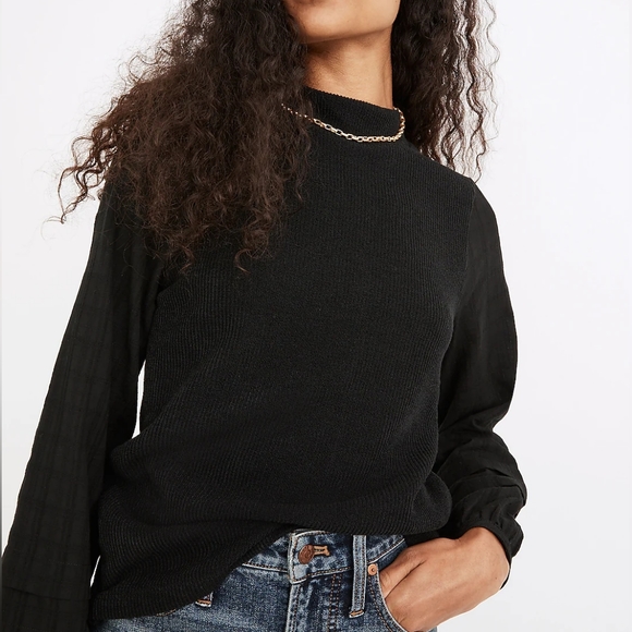 Madewell Weavemix Mockneck Bubble-Sleeve Ribbed Top Small Black - Picture 14 of 14